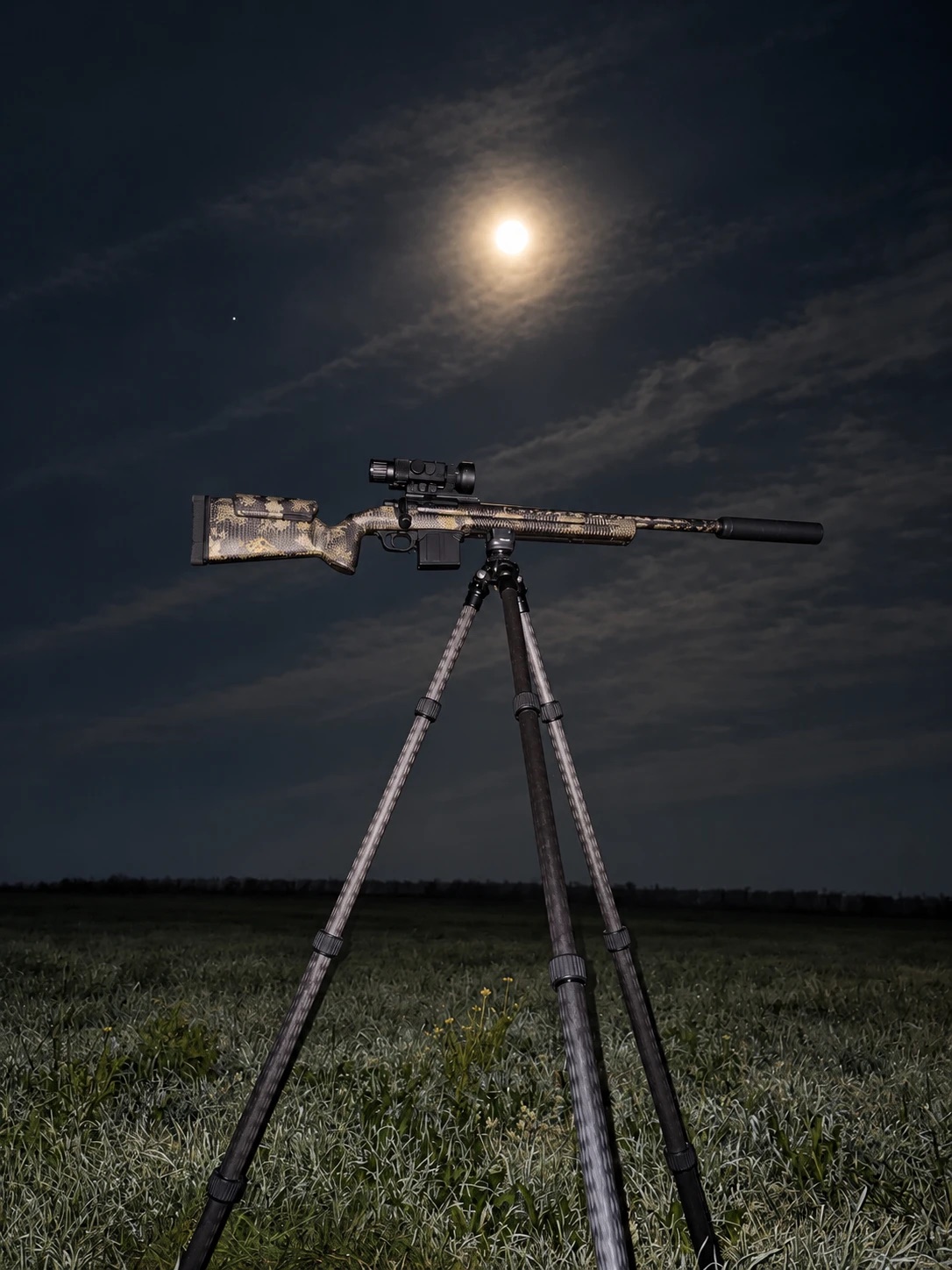 The rifle and thermal scope mounted on a tripod in an open field at night under the moon